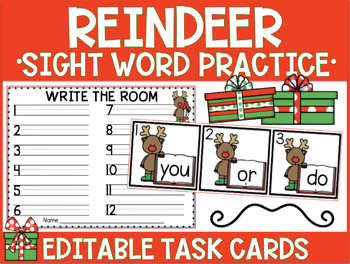 Preview of Reindeer and Christmas Theme | Sight Word Practice | Write the Room | Task Cards