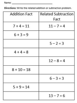 Preview of Related Addition and Subtraction Worksheet