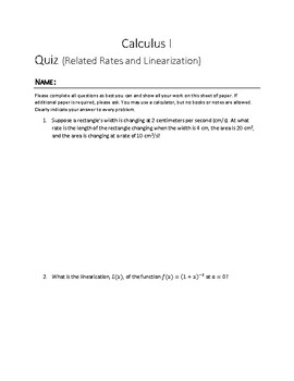 Preview of Related Rates and Linearization Quiz
