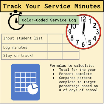 Preview of Related Service Minute Tracking Spreadsheet with Autofill Formulas, Color Coding