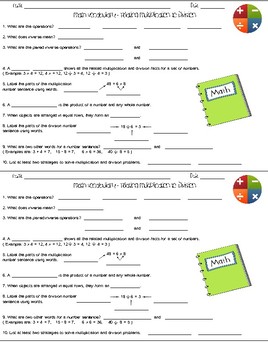 Relating Multiplication to Division Vocabulary Worksheets and Assessments