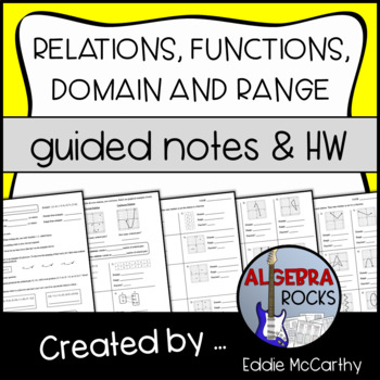Preview of Relations, Functions, Domain and Range - Guided Notes and Homework