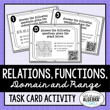 Preview of Relations, Functions, Domain and Range | Task Cards