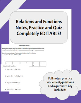 Preview of Relations and Function Notes, Practice and Quiz | Algebra 2 EDITABLE