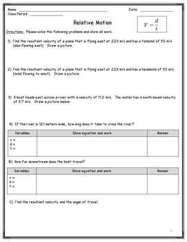 Relative Motion Worksheet Motion In Two Dimensions Tpt