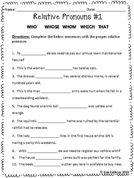 Relative Pronouns Practice Worksheets - Set of 5 Common Core Aligned