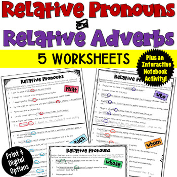 Preview of Relative Pronouns & Relative Adverbs: Five Practice Worksheets for 4th Grade