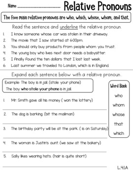 Relative Pronouns Worksheet L.4.1.A by LearnersoftheWorld | TpT