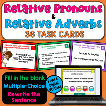 Preview of Relative Pronouns and Relative Adverbs Task Cards: 4th Grade Grammar Practice