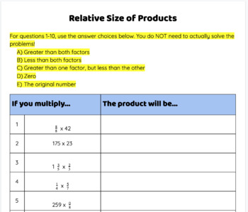 Preview of Relative Size of Factors and Products - Worksheet