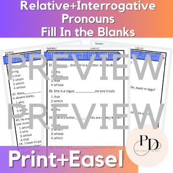Preview of Relative and Interrogative Pronouns Fill In the Blanks Bundle