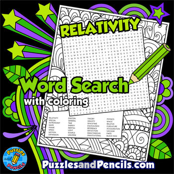 Preview of Relativity Word Search Puzzle with Coloring Activity Page | Physics Wordsearch