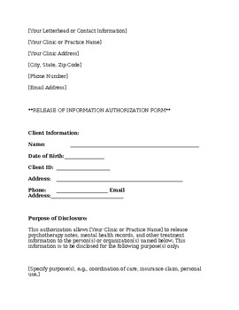 Preview of Release of Information Form Template (Modifiable)