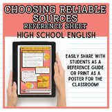 Reliable Sources Reference Sheet for Secondary English