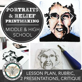 Preview of Relief Printmaking & Portraits with Colored Pencil, Visual Arts Drawing Lesson