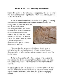 Preview of Relief in 3-D Art Reading Worksheet **Editable**