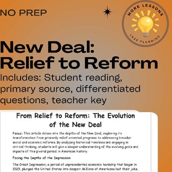 Preview of Relief to Reform: Great Depression New Deal Reading Comprehension Worksheet