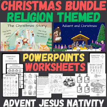 Preview of Kinder Grade 1 Grade 2 Religion Advent Christmas BUNDLE Powerpoints Printables