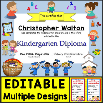 Preview of Kindergarten Religious Diplomas, Graduation Invitations Editable, Christian