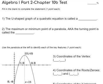 Remedial Algebra Test Parabolas By Miss Johnson S Math Class Tpt