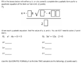 Remedial Algebra Test - Solving Quadratic Equations