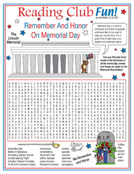 remember on memorial day word search puzzle by reading club fun tpt
