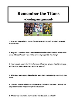 Preview of "Remember the Titans" Viewing Questions, Assignment, and Rubric