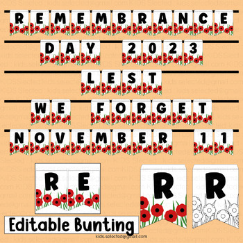 Preview of Remembrance Day Bulletin Board Poopy Bunting Banner Lest We Forget Editable