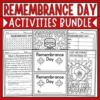 Preview of Remembrance Day Canada Activities Bundle: Coloring Pages, Reading, Games & More