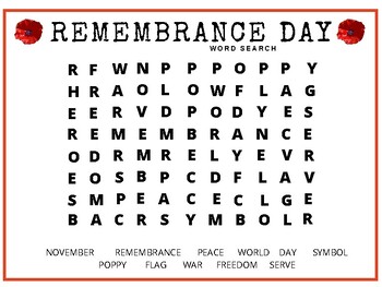 Preview of Remembrance Day Canada word search