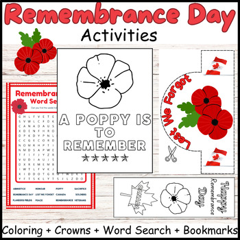 Remembrance Day Canda Activities : Coloring + Word Search + Crowns ...