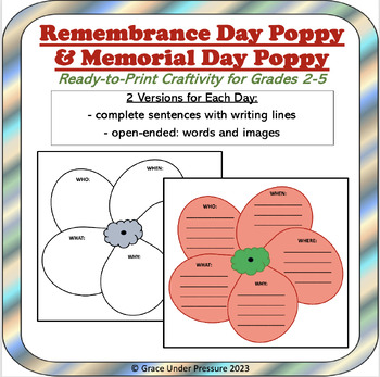 Preview of Printable Memorial Day Craftivity Grades 2-5: Five W's Poppy Craft