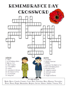 Remembrance Day Crossword Puzzle (Color and BW versions) by Celebration