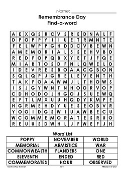 Preview of Remembrance Day | Find-a-Word | Word Search