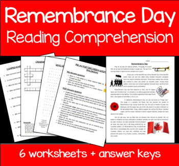 Preview of Remembrance Day Reading Comprehension Activity Package