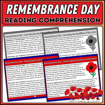 Preview of Remembrance Day Reading Comprehension Kit: Nonfiction Passage, Questions, Poster
