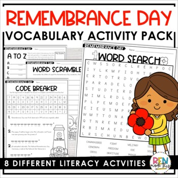 Preview of Remembrance Day Vocabulary Words Activities | Word Work & Word Search