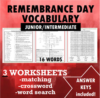 Preview of Remembrance Day Vocabulary Worksheets - JUNIOR/Intermediate