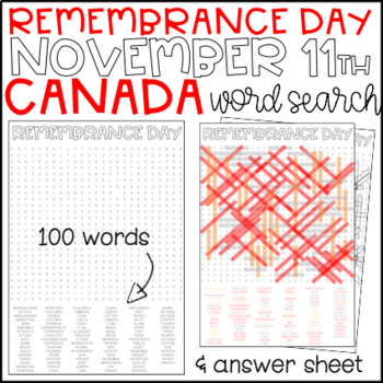 Preview of Remembrance Day Canada November 11th - Wordsearch