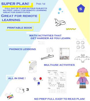 Preview of Full Day Plan Remote Learning Phonics , Math, Sci, 2 printable books and more!