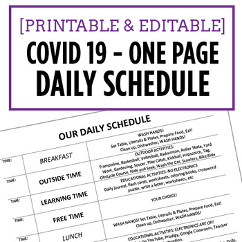 Preview of Remote Learning - One Page Daily Schedule - Editable Word Doc & Printable PDF