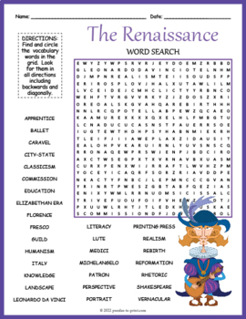 Preview of (4th, 5th, 6th, 7th Grade) THE RENAISSANCE Word Search Puzzle Worksheet Activity