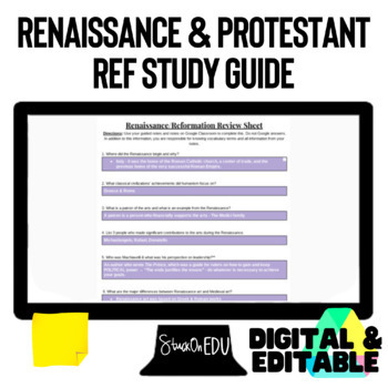 Preview of Renaissance Protestant Reformation Study Guide