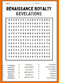 Renaissance Royalty Revelations Word Search puzzles worksheet activity