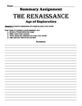 Preview of Renaissance Summary Writing Packet (23 Total Topics)