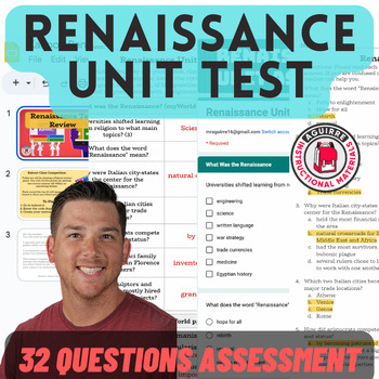 Preview of Renaissance Unit Assessment - Google Forms - 32 Questions - Study Guide + Game