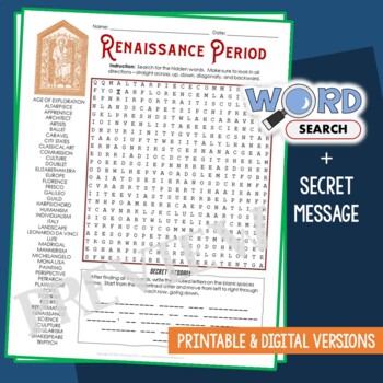 Preview of Renaissance Word Search Puzzle Activity Vocabulary Worksheet Secret Message