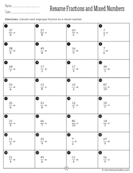 Renaming Fractions and Mixed Numbers Worksheets by ElementaryStudies