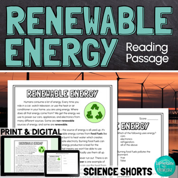 Preview of Renewable Energy Reading Comprehension Passage PRINT and DIGITAL