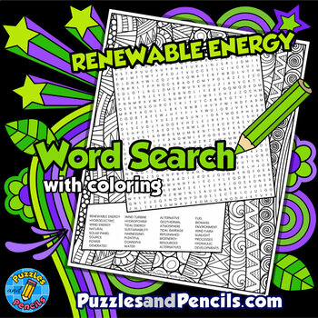 Preview of Renewable Energy Word Search Puzzle Activity & Coloring | Environmental Issues